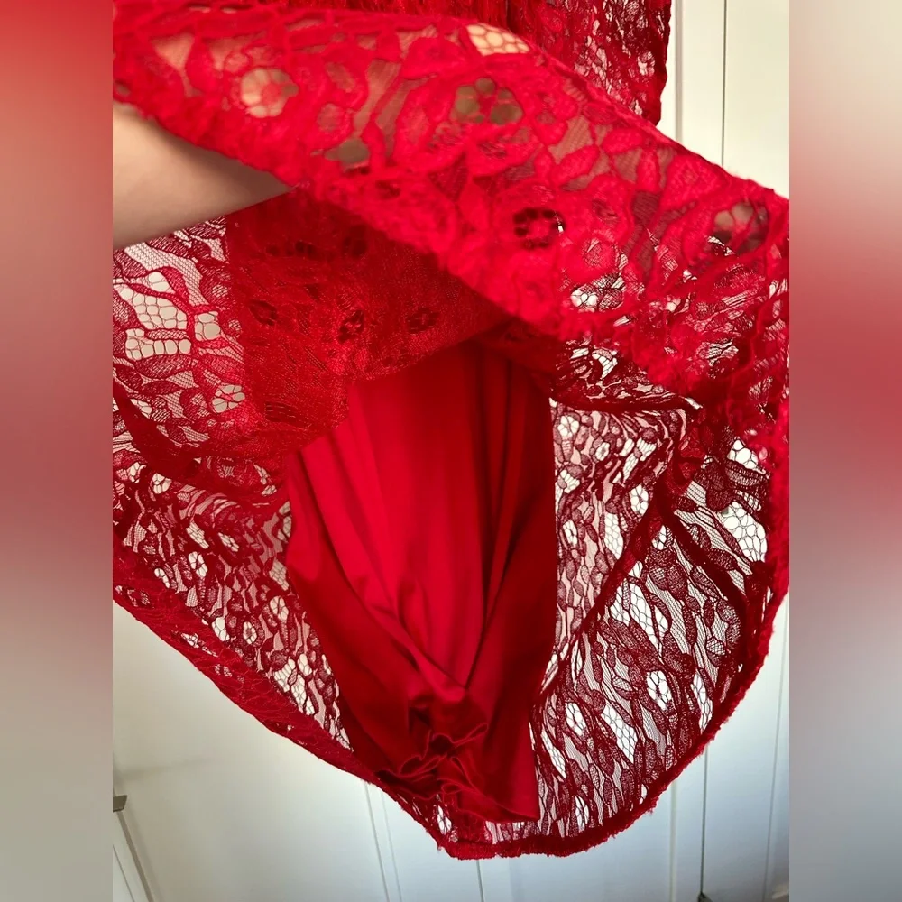 Zara Red Lace Midi Dress Button Down Size M Off-shoulder A Line Dress - Picture 13 of 15